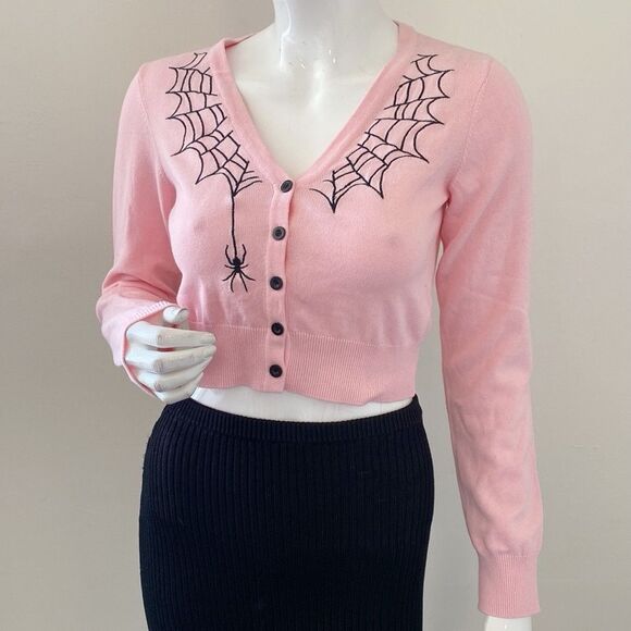 Dolls Kill Brand Widow Pink Cropped Cardigan w Spider Web Design Rockabilly Goth - Picture 2 of 7